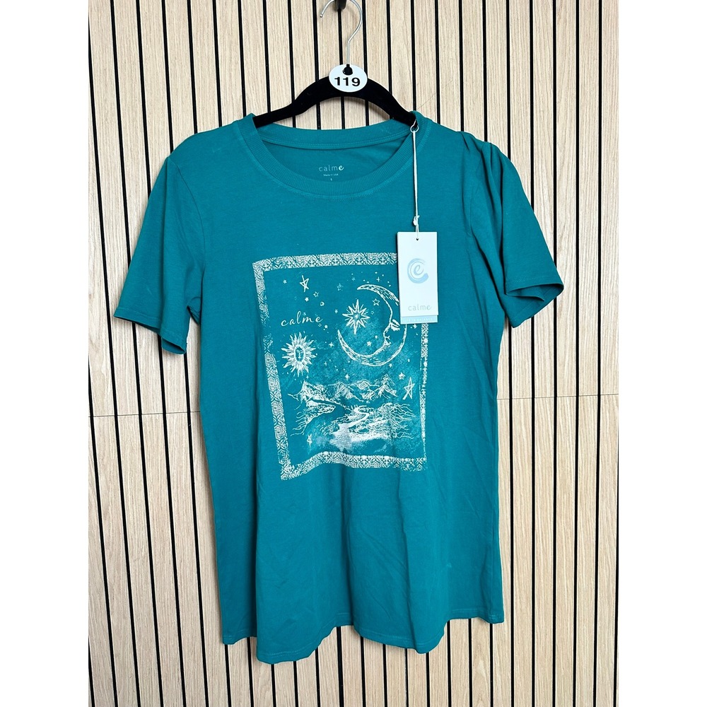 119 Calme Graphic Crew Tee Teal Celestial Moon Sun Mountain (S, NWT) MSRP $98